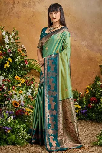 Light green handloom weaving silk blend saree