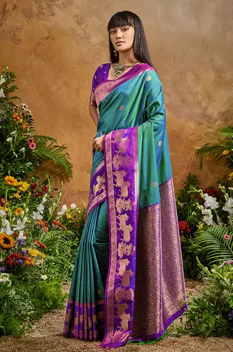 Teal handloom weaving silk blend saree