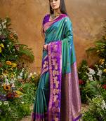 Teal handloom weaving silk blend saree