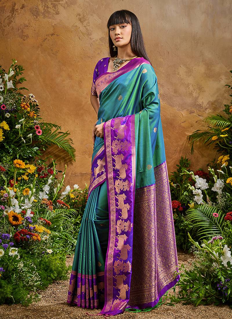 Teal handloom weaving silk blend saree