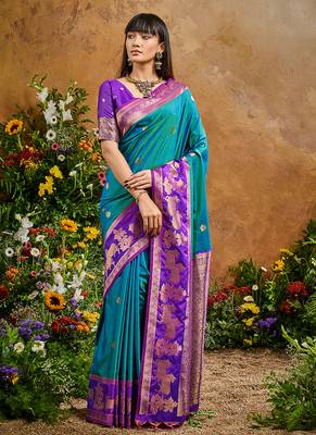 Teal handloom weaving silk blend saree 2
