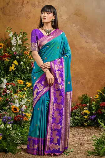 Teal handloom weaving silk blend saree