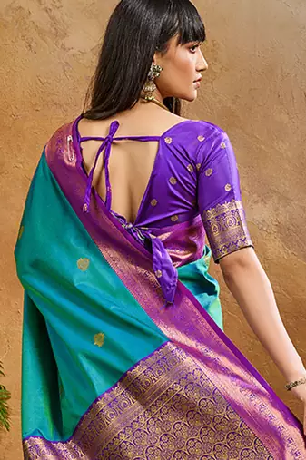 Teal handloom weaving silk blend saree