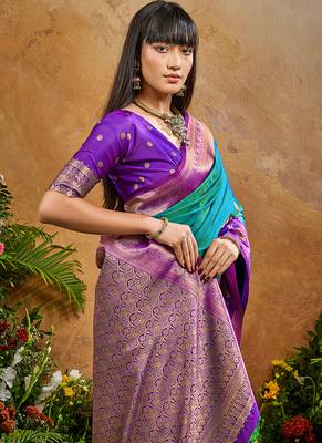 Teal handloom weaving silk blend saree 4