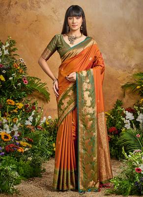 Orange handloom weaving silk blend saree 1