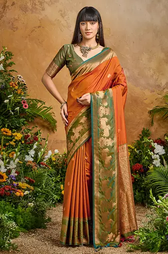 Orange handloom weaving silk blend saree