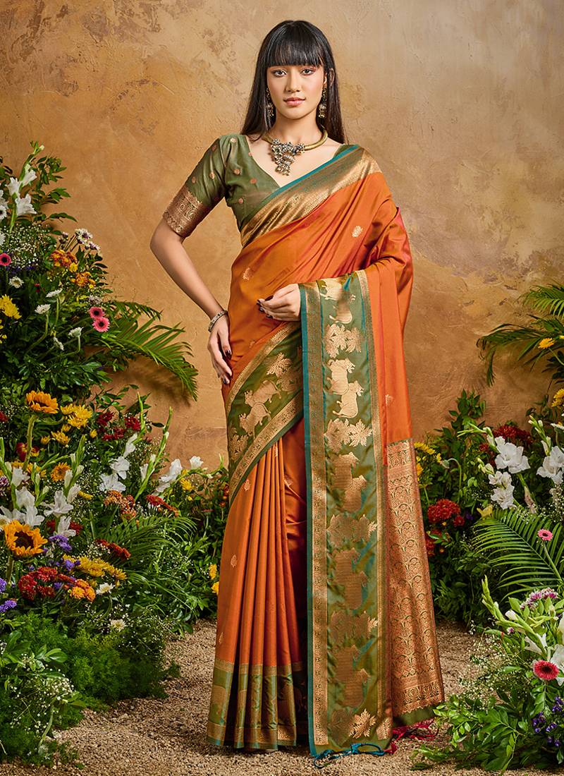 Orange handloom weaving silk blend saree