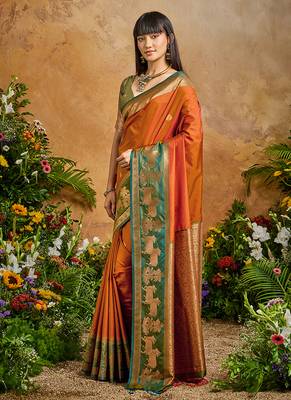 Orange handloom weaving silk blend saree 2