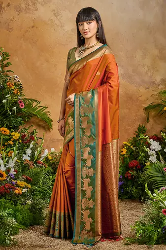 Orange handloom weaving silk blend saree