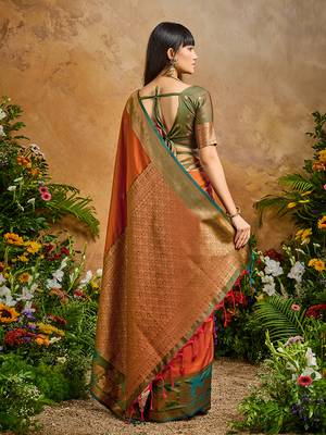 Orange handloom weaving silk blend saree 3