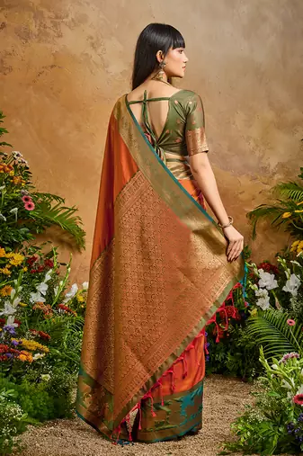 Orange handloom weaving silk blend saree