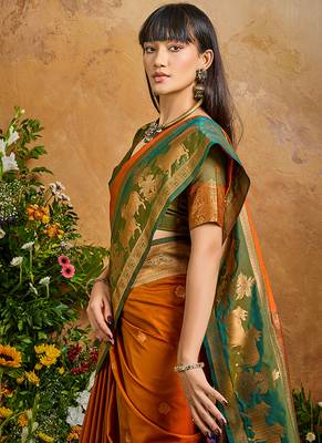 Orange handloom weaving silk blend saree 4