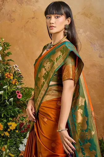 Orange handloom weaving silk blend saree