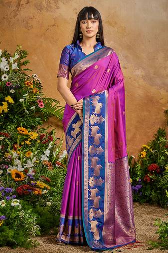Magenta pink handloom weaving silk blend saree