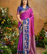 Magenta pink handloom weaving silk blend saree