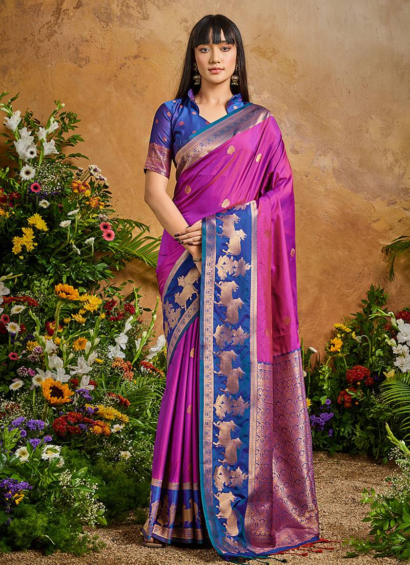 Magenta pink handloom weaving silk blend saree