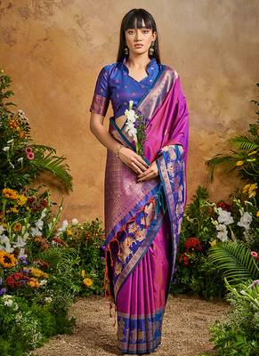 Magenta pink handloom weaving silk blend saree 2