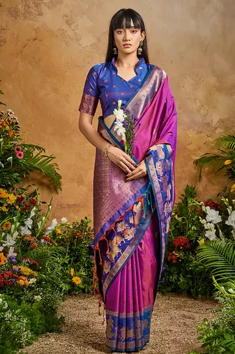 Magenta pink handloom weaving silk blend saree