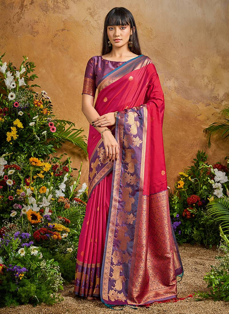 Red handloom weaving silk blend saree
