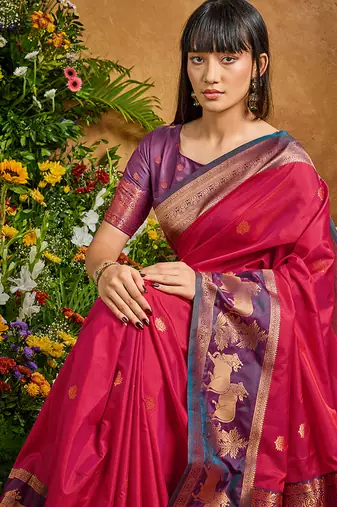 Red handloom weaving silk blend saree