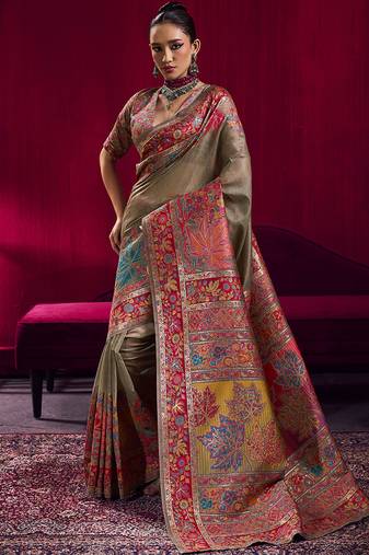 Dark chiku handloom weaving pashnima silk blend saree