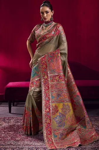 Dark chiku handloom weaving pashnima silk blend saree