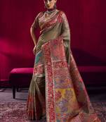 Dark chiku handloom weaving pashnima silk blend saree