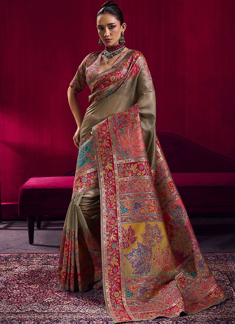 Dark chiku handloom weaving pashnima silk blend saree