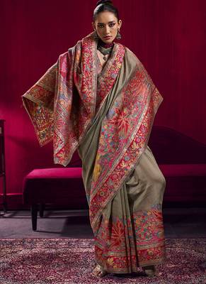 Dark chiku handloom weaving pashnima silk blend saree 2