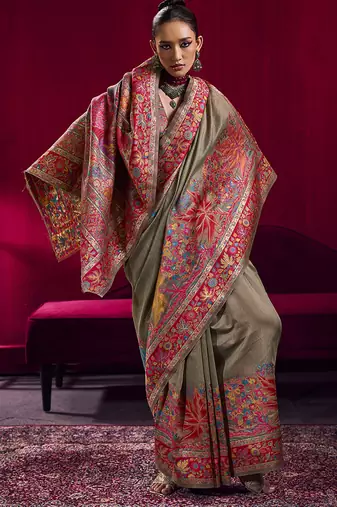 Dark chiku handloom weaving pashnima silk blend saree