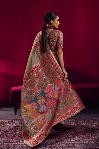 Dark chiku handloom weaving pashnima silk blend saree