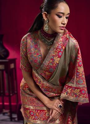 Dark chiku handloom weaving pashnima silk blend saree 4