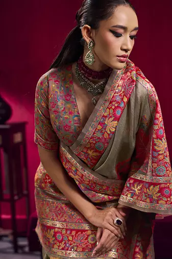 Dark chiku handloom weaving pashnima silk blend saree