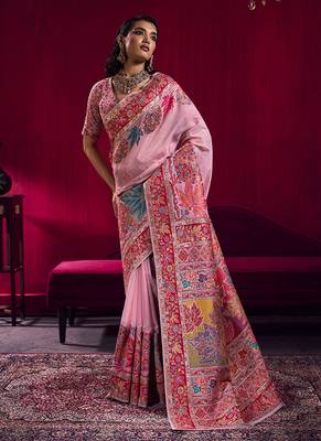 Light pink handloom weaving pashnima silk blend saree 1