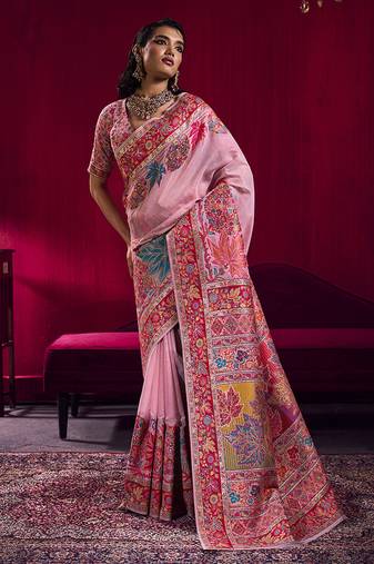 Light pink handloom weaving pashnima silk blend saree