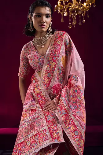 Light pink handloom weaving pashnima silk blend saree