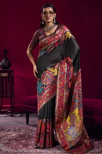 Black handloom weaving pashnima silk blend saree