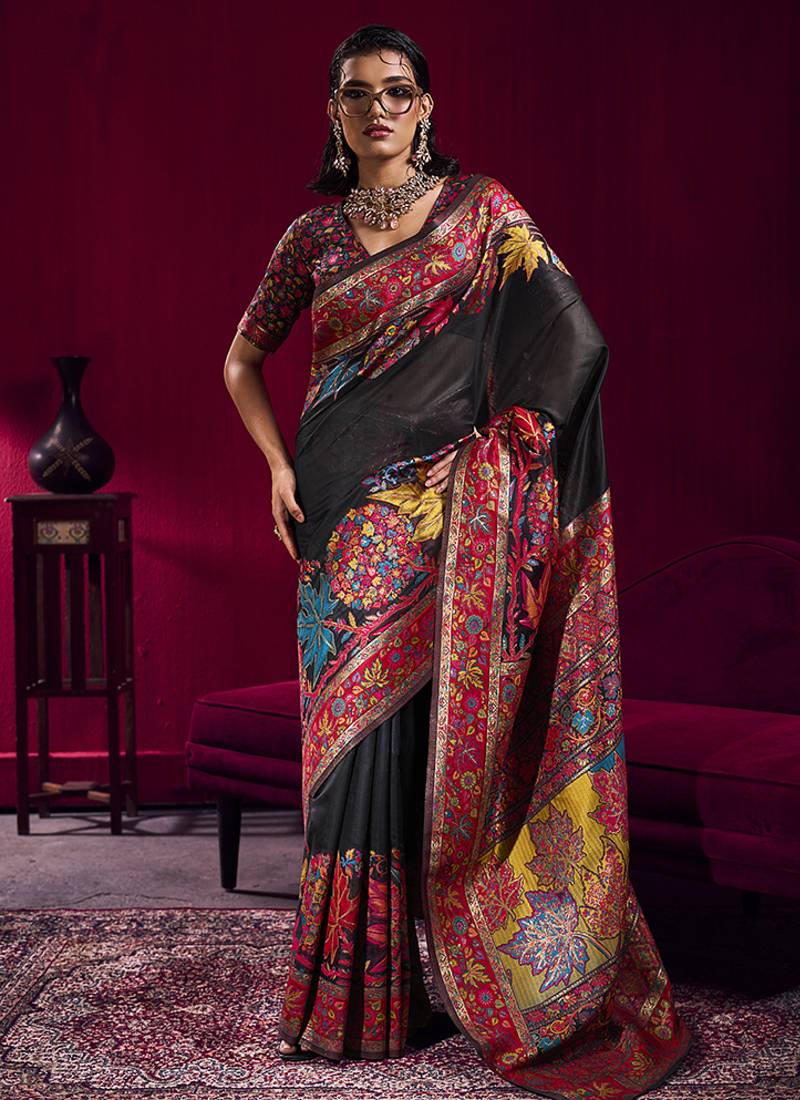 Black handloom weaving pashnima silk blend saree