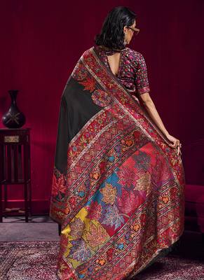 Black handloom weaving pashnima silk blend saree 2