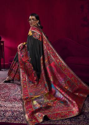 Black handloom weaving pashnima silk blend saree 3