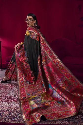 Black handloom weaving pashnima silk blend saree