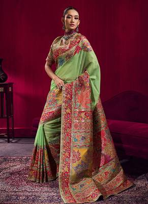 Light green handloom weaving pashnima silk blend saree 1