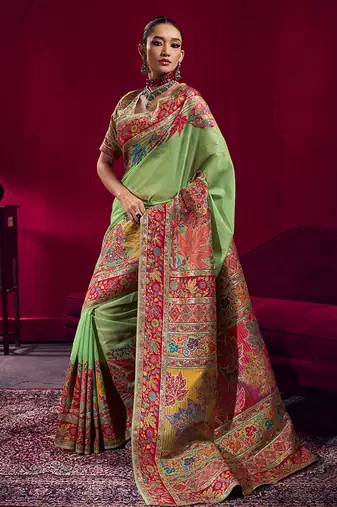 Light green handloom weaving pashnima silk blend saree