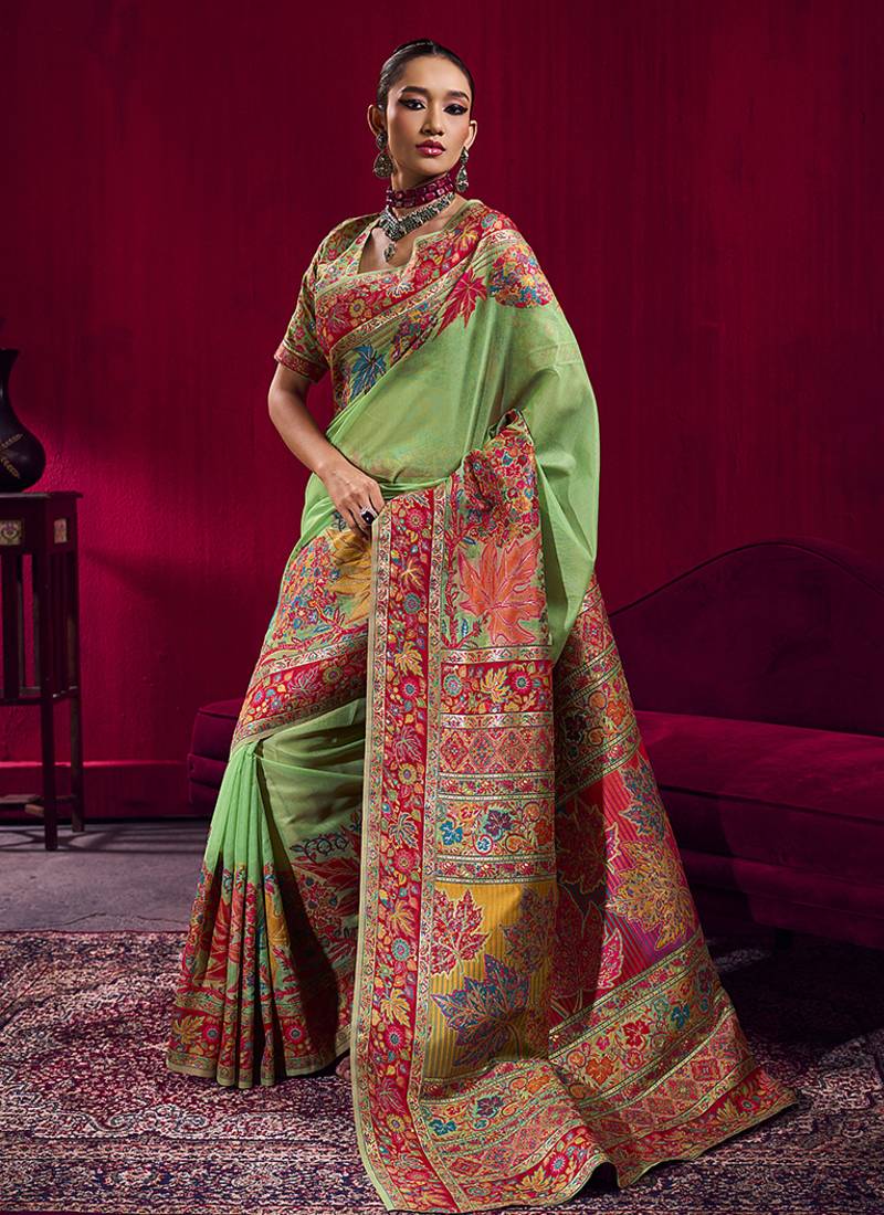 Light green handloom weaving pashnima silk blend saree