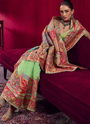 Light green handloom weaving pashnima silk blend saree 2
