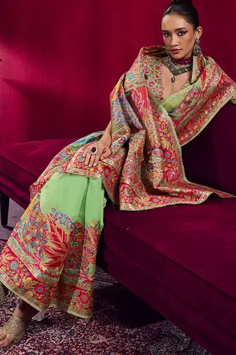 Light green handloom weaving pashnima silk blend saree