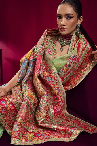 Light green handloom weaving pashnima silk blend saree
