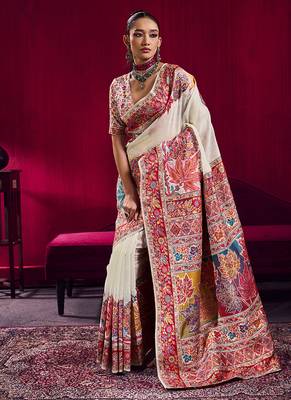 White handloom weaving pashnima silk blend saree 1