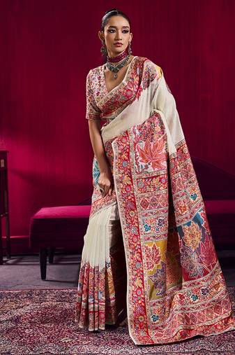 White handloom weaving pashnima silk blend saree