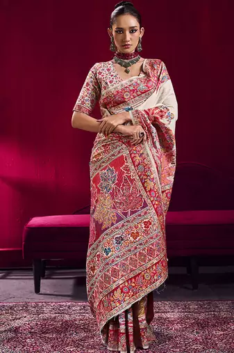 White handloom weaving pashnima silk blend saree